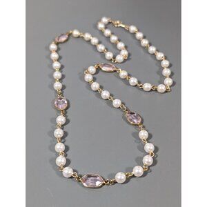 Vintage White Faux Pearl Pink Bezel Beaded Necklace Classic 22 inch